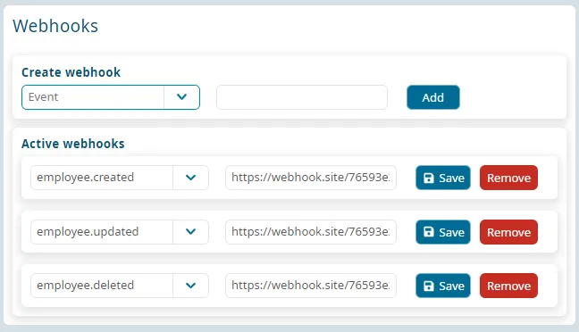 Webhook setup interface showing event selection